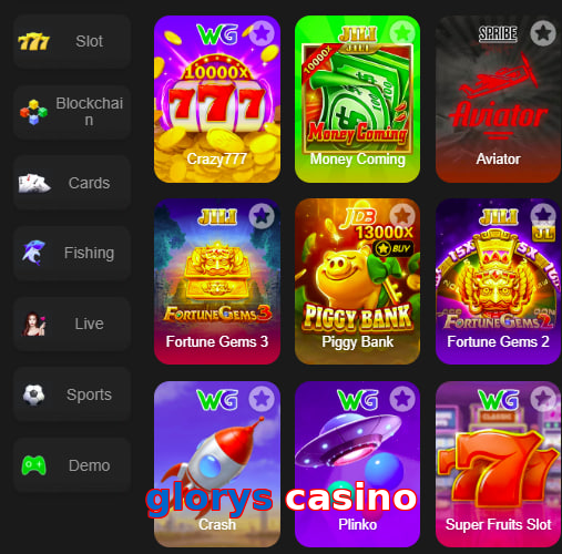 Main screen of Glorys Casino game page for PK players